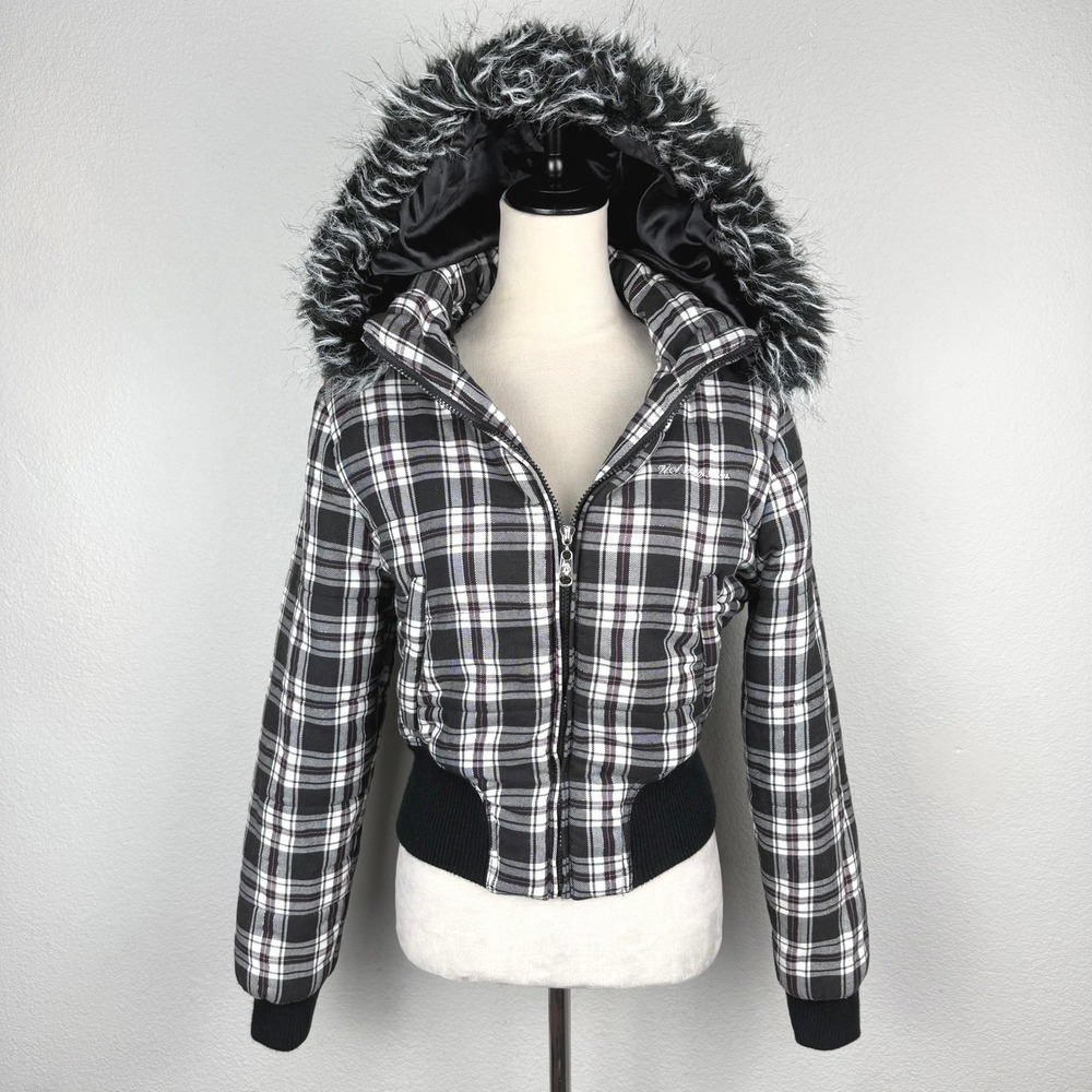 Y2K U.S Polo Assn Black White Pink Plaid Faux Fur Hooded Cinched Puffer Jacket